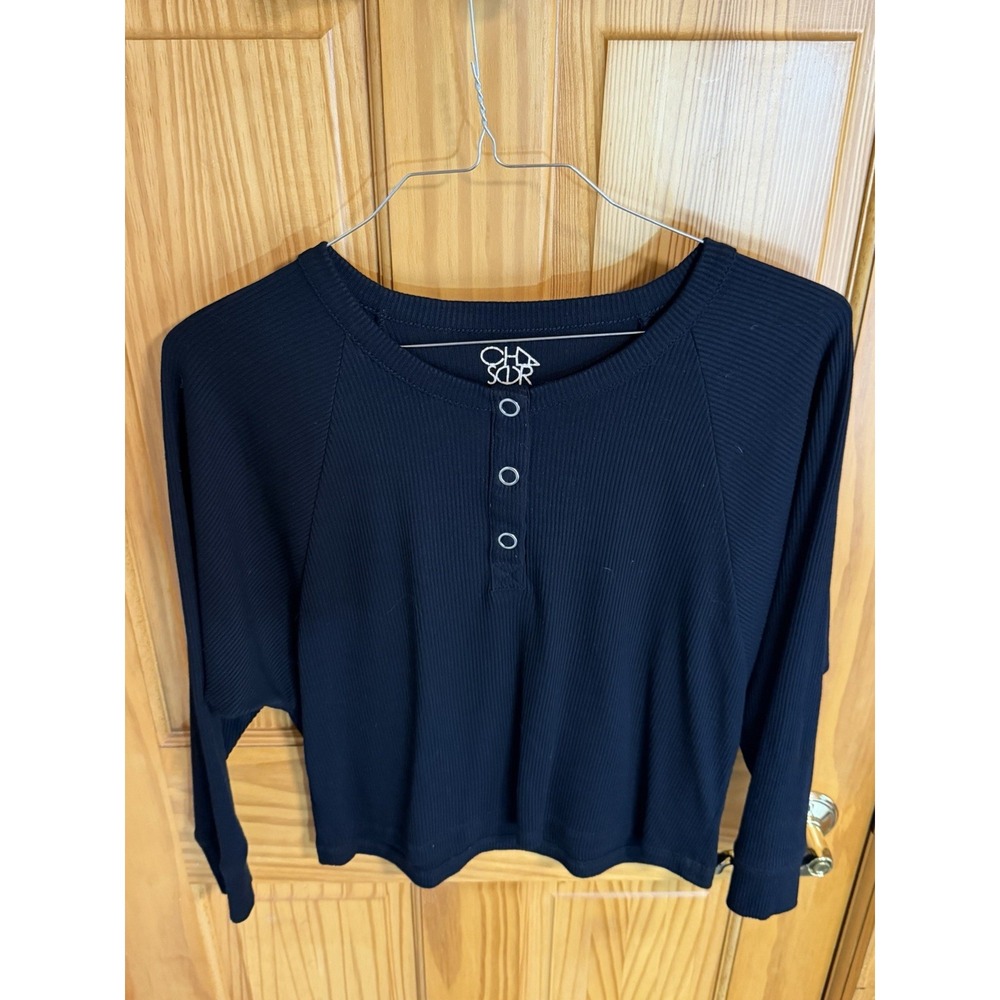 Anthropologie Chaser Womens XS Black Ribbed Henley Long Sleeve Top Snap Front